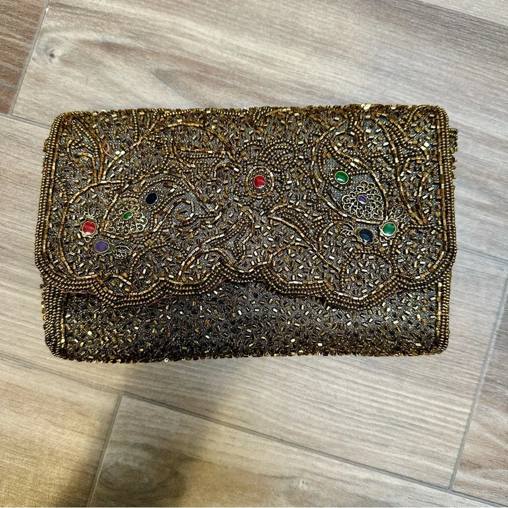 Vintage Hand Beaded La Regale Gold & Jewel Toned Clutch